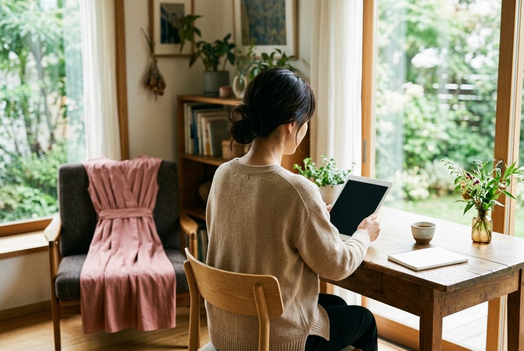 デスクでタブレットを見る女性とローズ色のドレス