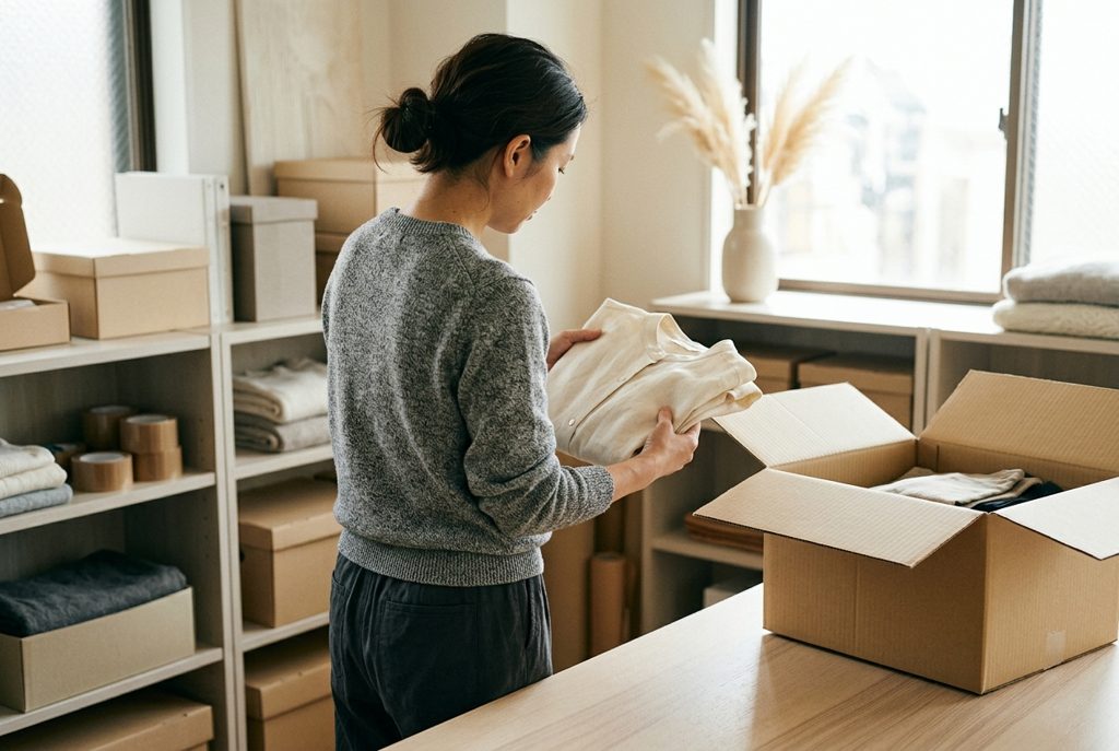 女性が服をチェックし、段ボール箱に詰めている