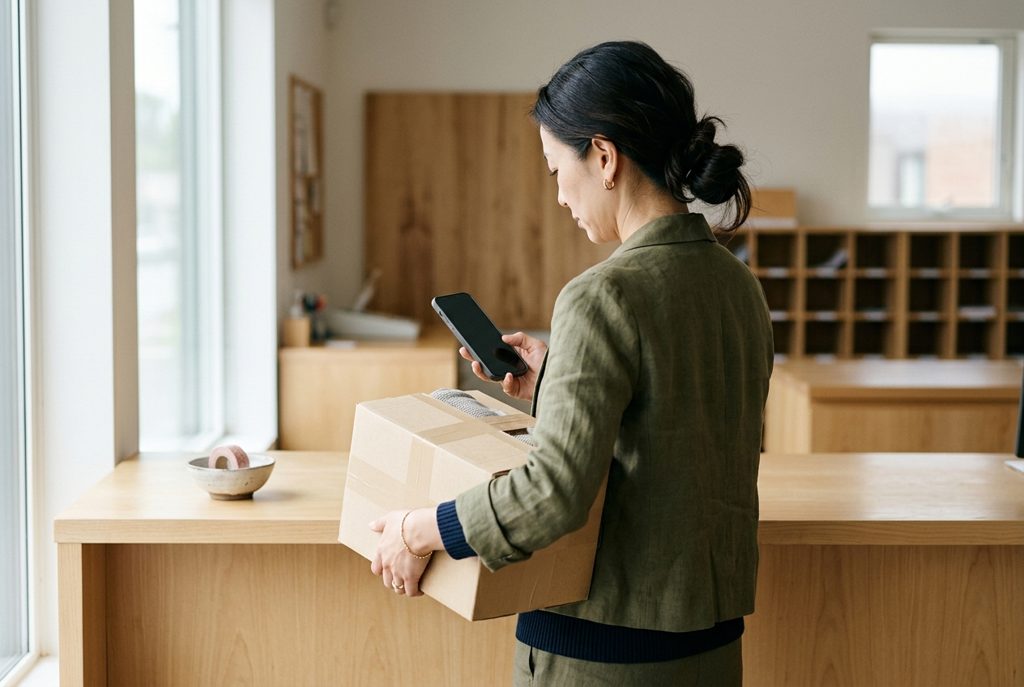郵便カウンターで服の荷物を持ちスマホを見る女性