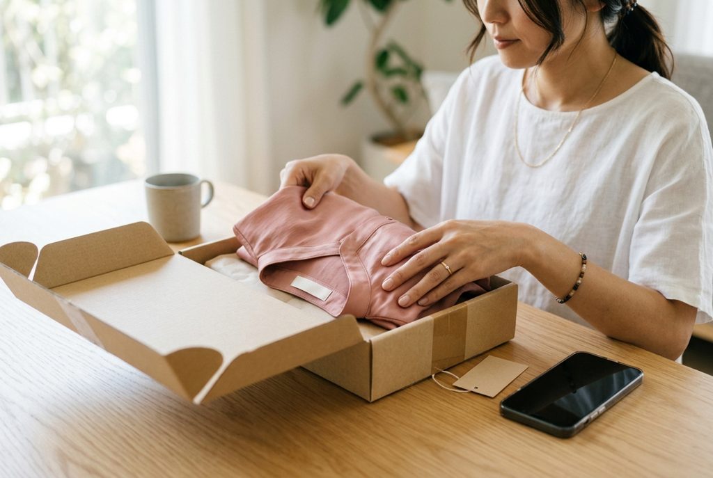 手元にスマホを置いて、返却用の服をたたむ女性の手元。