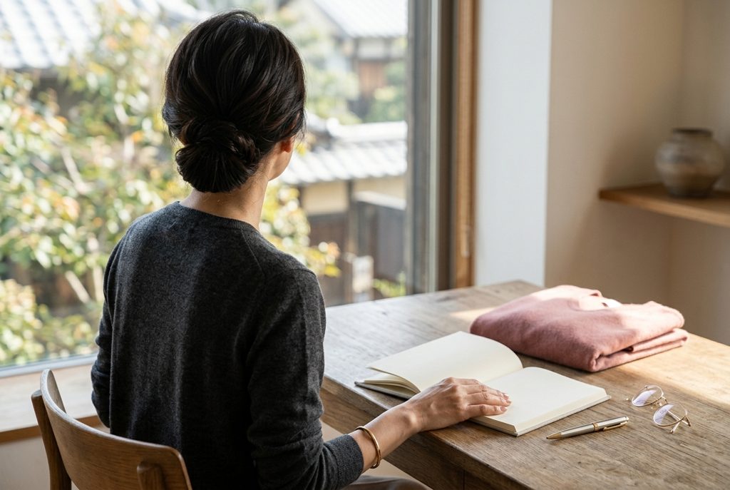 デスクで手帳を開き、ペンを持つ女性の手元