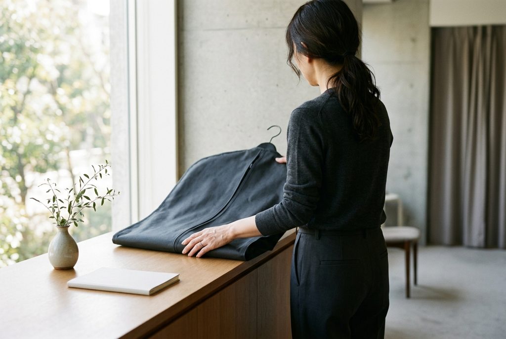 ガーメントバッグに入ったドレスをカウンターに置く女性の手元