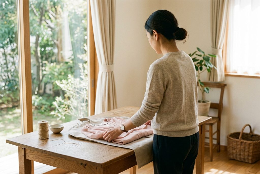 たたんだワンピースを返却用の袋に入れる女性
