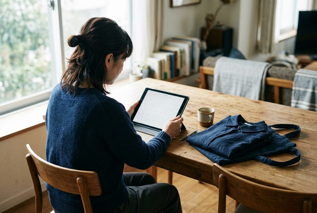 返却する服とカレンダーを確認する女性