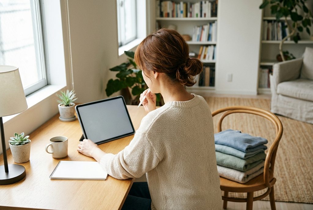 日当たりの良い部屋でタブレットを見る女性と畳まれた服
