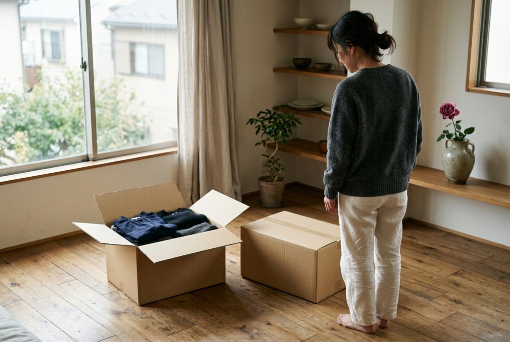 宅配便の箱が二つある部屋で、女性が片付けをしている様子