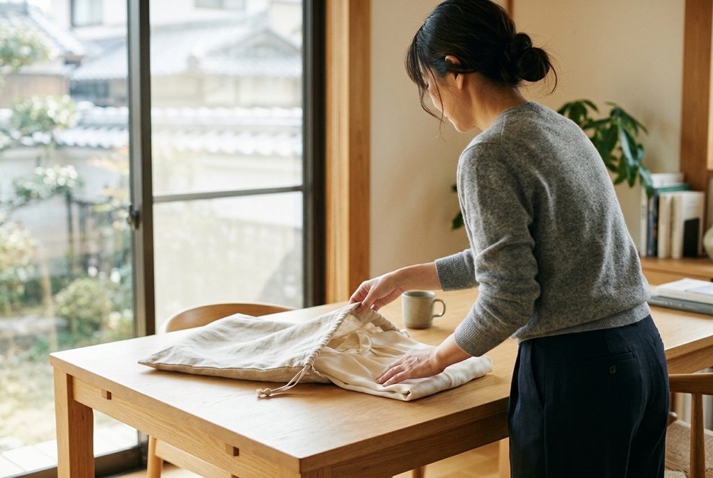 女性が洋服をたたんで返却用の袋に入れているところ