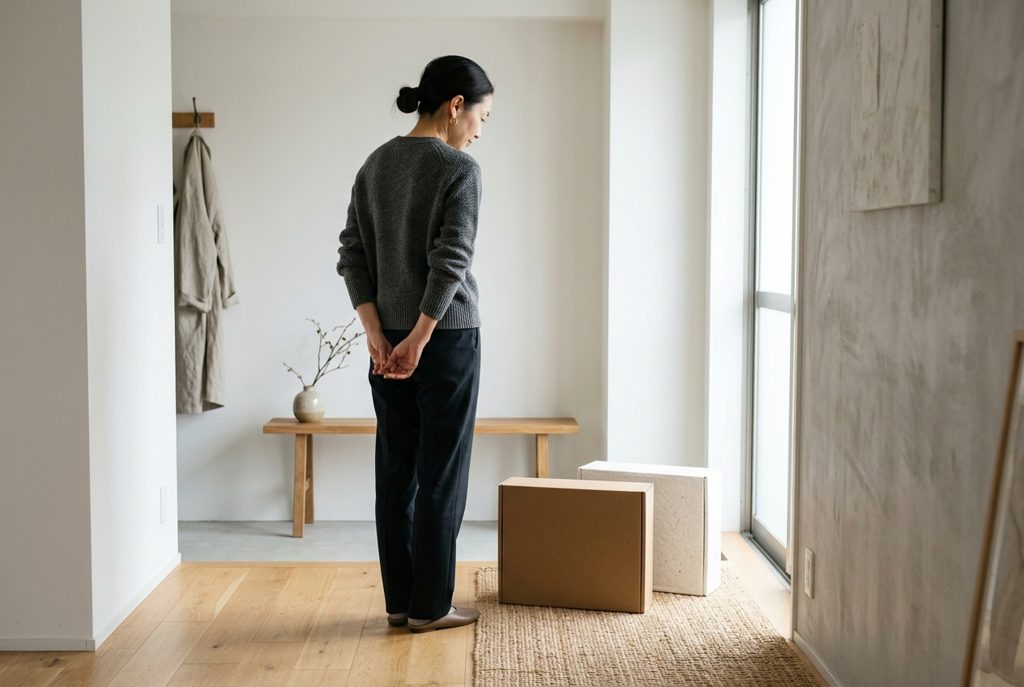 玄関に届いた二つの洋服サブスクの荷物を見る女性