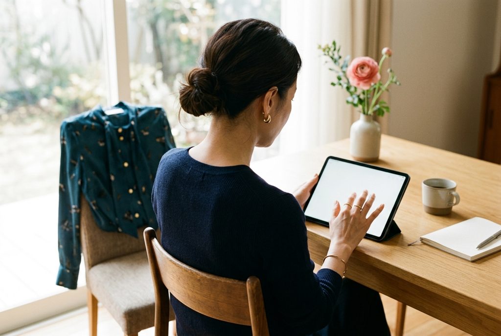 タブレットを操作し、内容を確認する女性