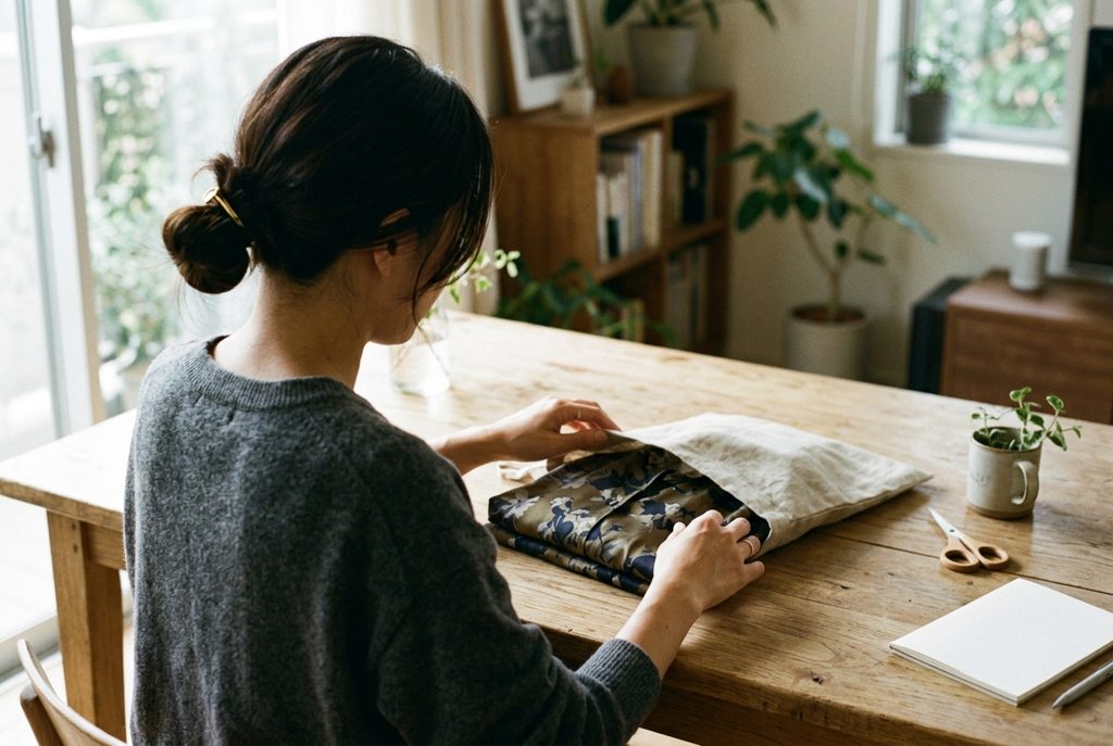 窓辺で服をたたみ、返送用パッケージに入れる女性の手元