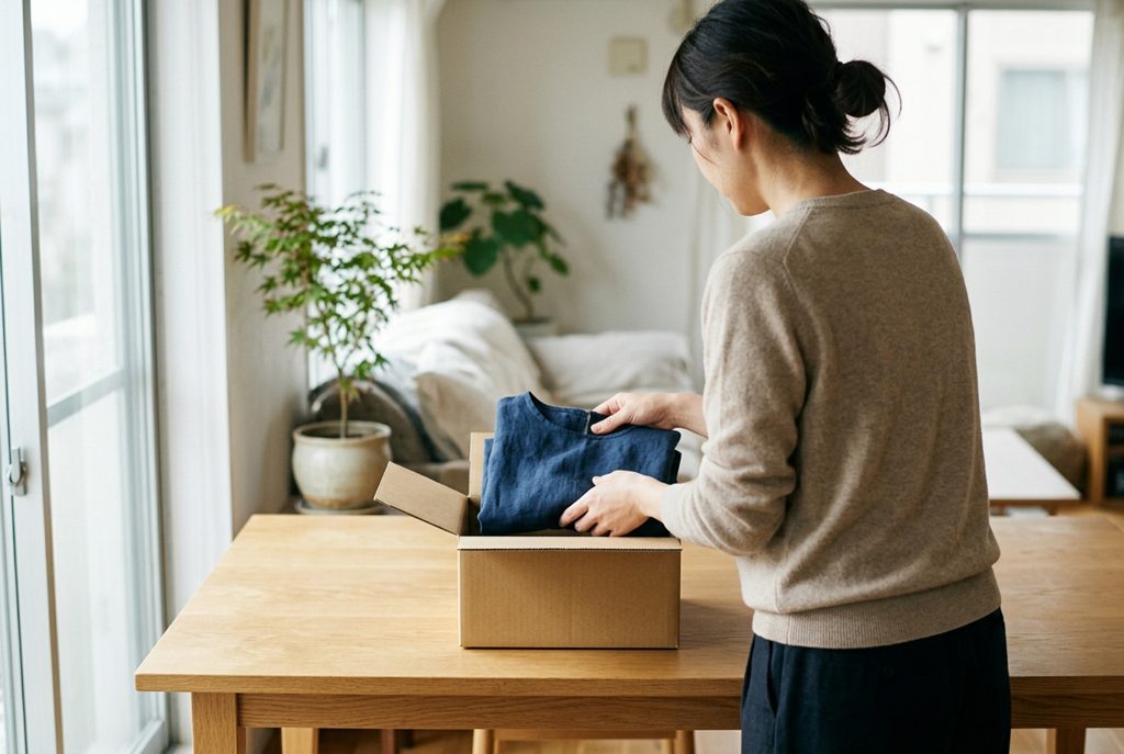 女性が洋服を段ボール箱に詰めている様子