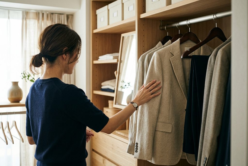 クローゼットでハンガーに掛かったジャケットに触れる女性の手
