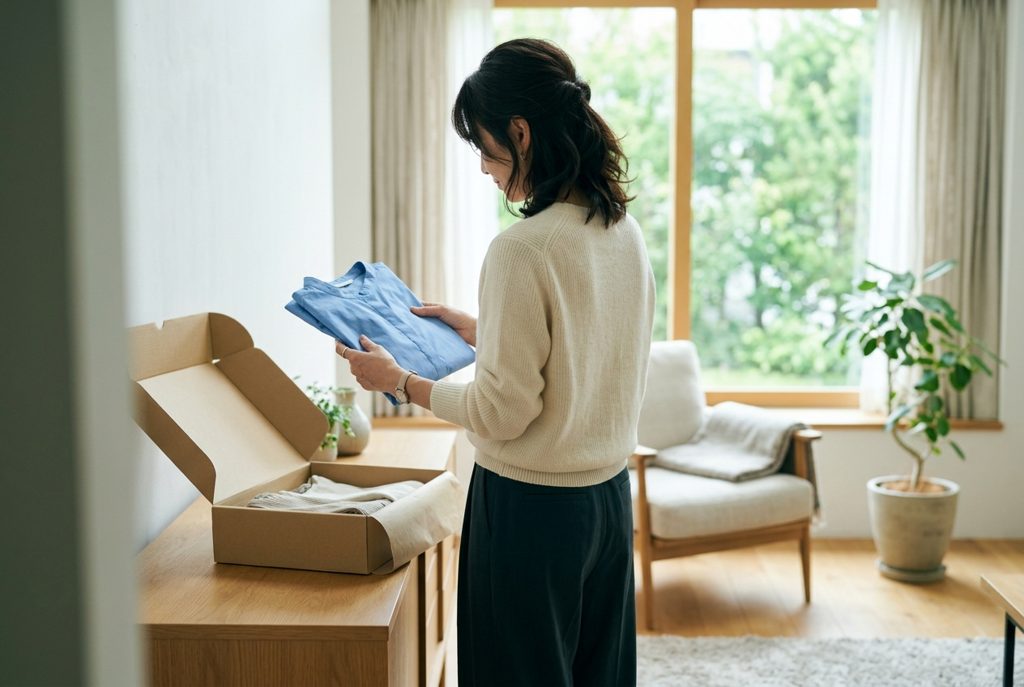 届いたサブスクの服を手に取る女性