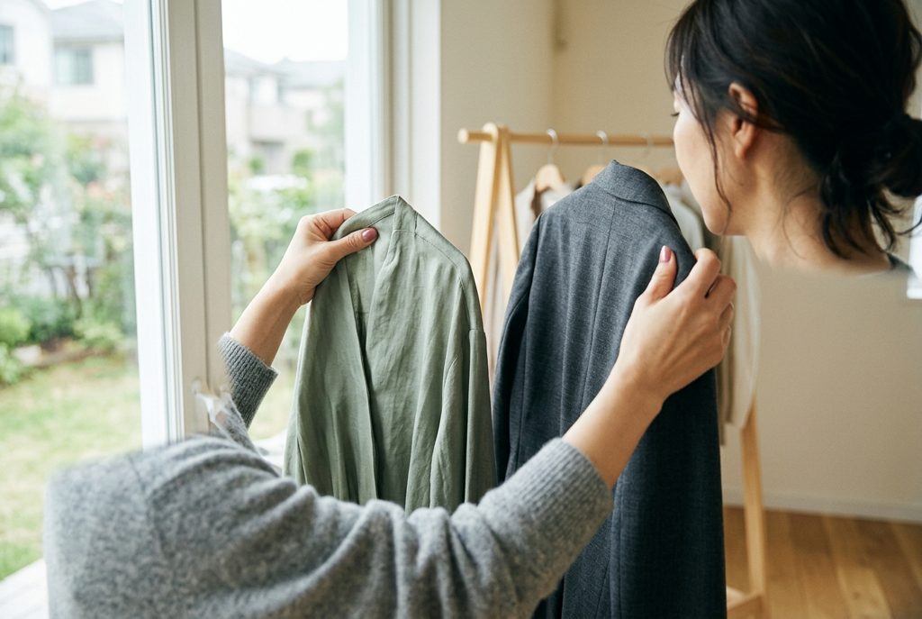 窓辺で届いた洋服を見比べる女性の手元
