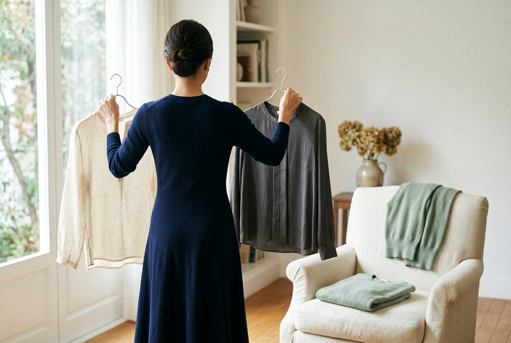 窓辺で洋服を比較検討する女性