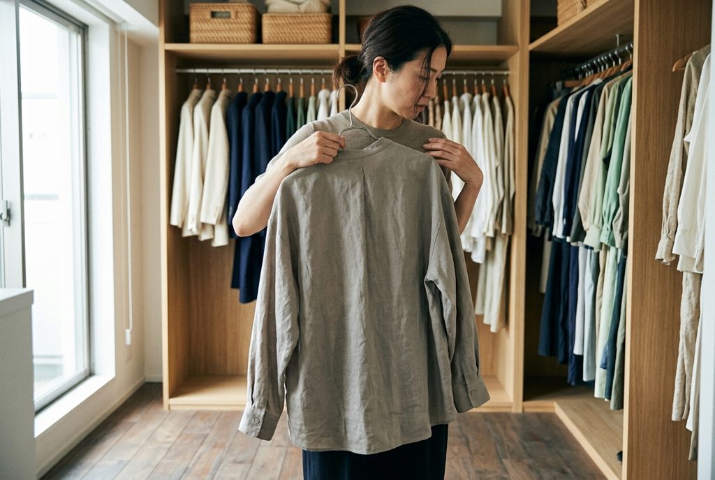 クローゼットで気に入らない服を持つ女性