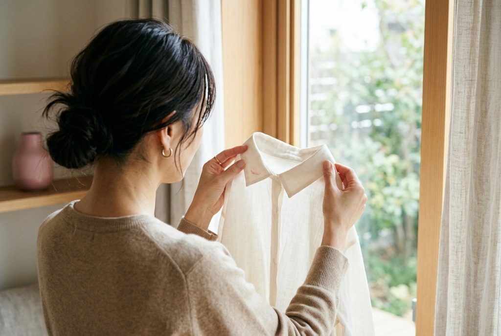 女性がブラウスの襟についた口紅の汚れを確認している様子