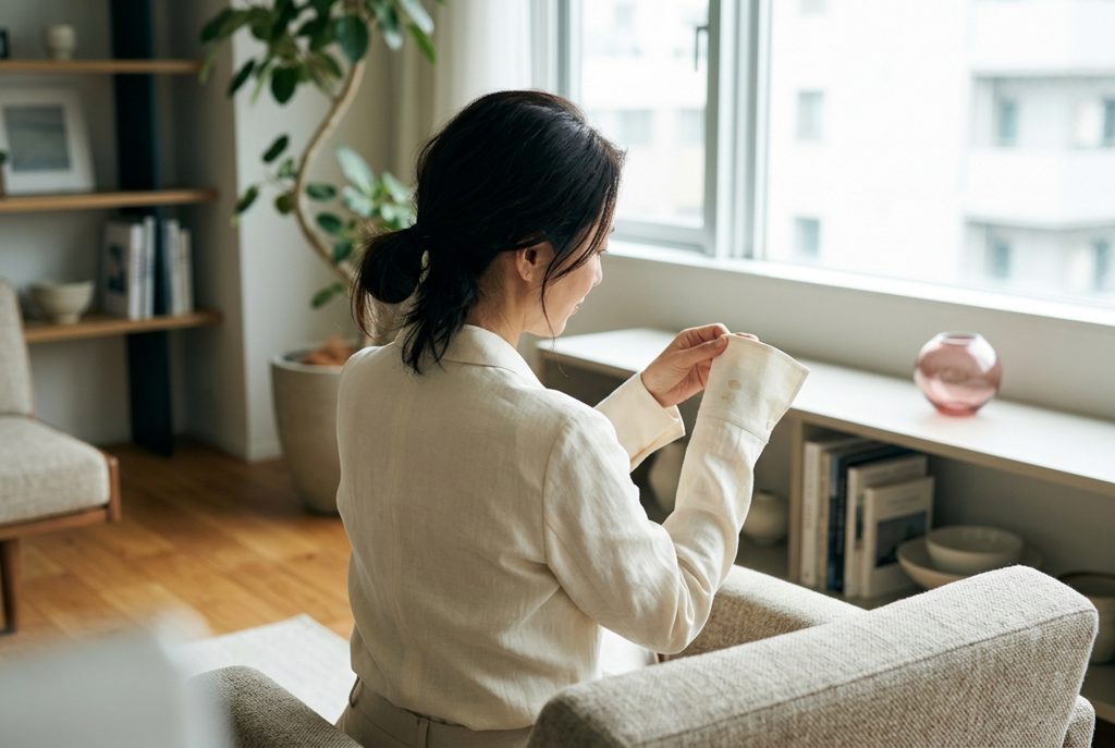 窓辺で借りた服の袖の小さなシミを凝視する女性