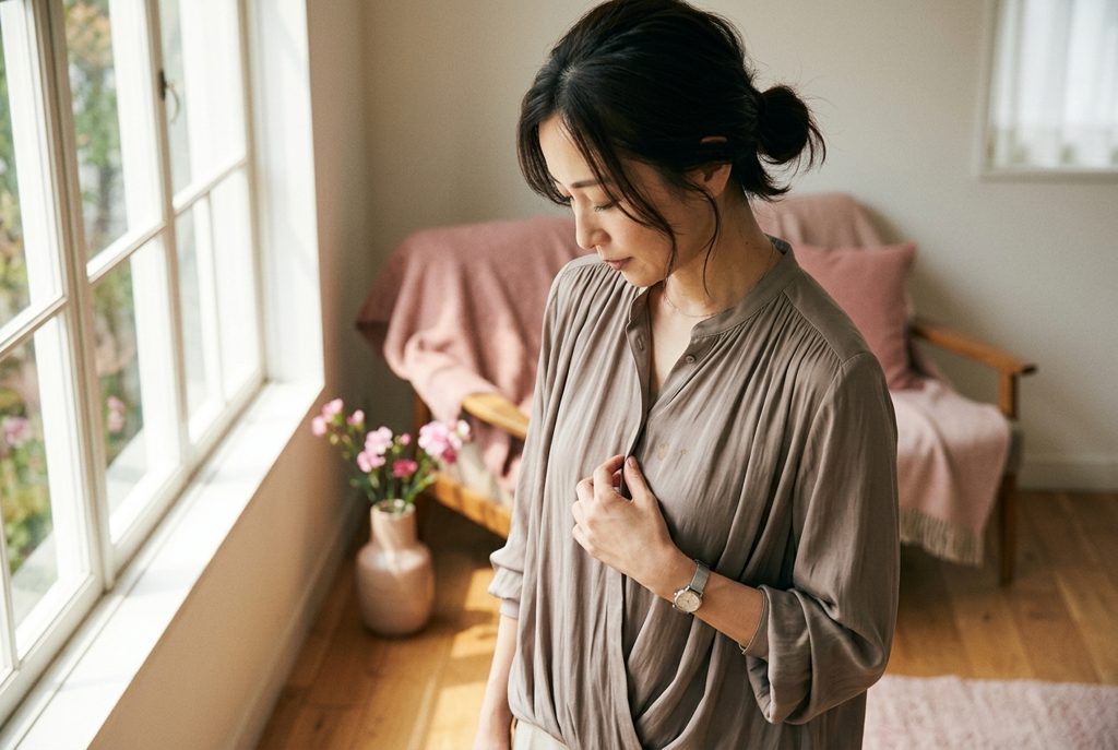 窓辺で上品なブラウスの小さな染みを指でなぞる女性