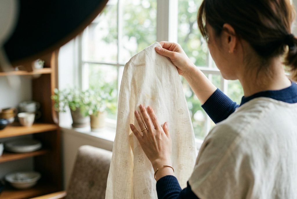 窓辺で服のシミを確かめる手元