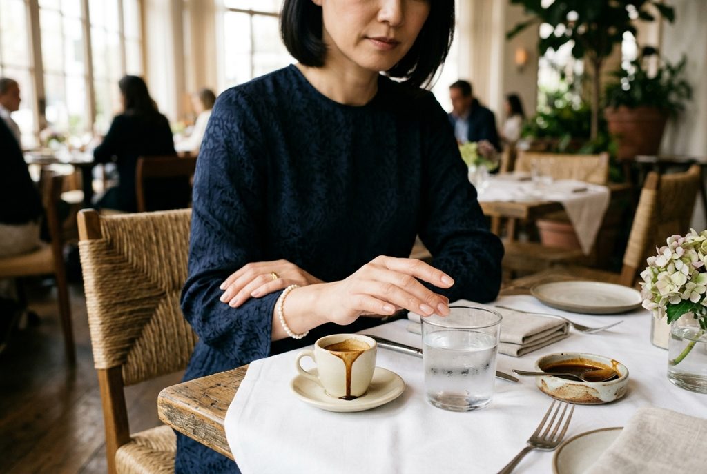 レストランでドレスを着て食事をする女性の手