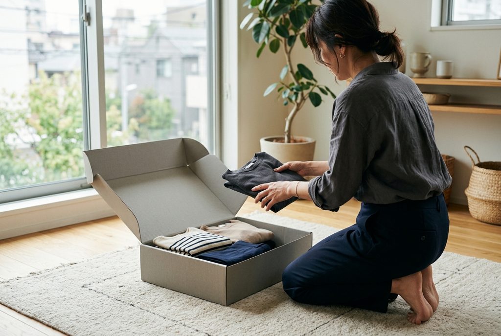 服の返却準備をする女性が、何か足りないことに気づいている様子。
