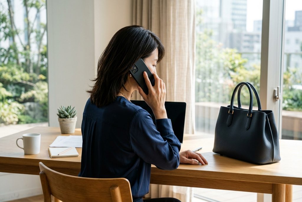 電話で問い合わせをする女性と高級ハンドバッグ