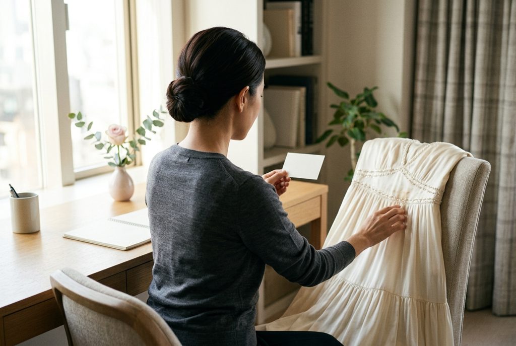 レンタルドレスの汚れを確認し、カードを持つ女性