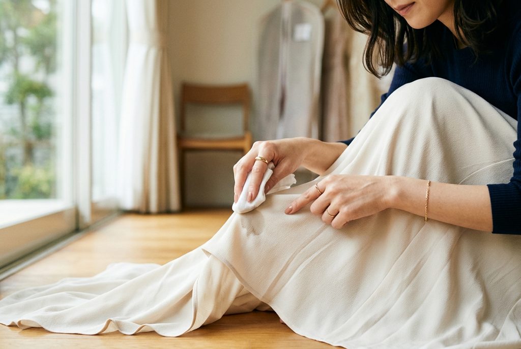 ワンピースの裾についた小さな汚れを拭き取る女性の手元