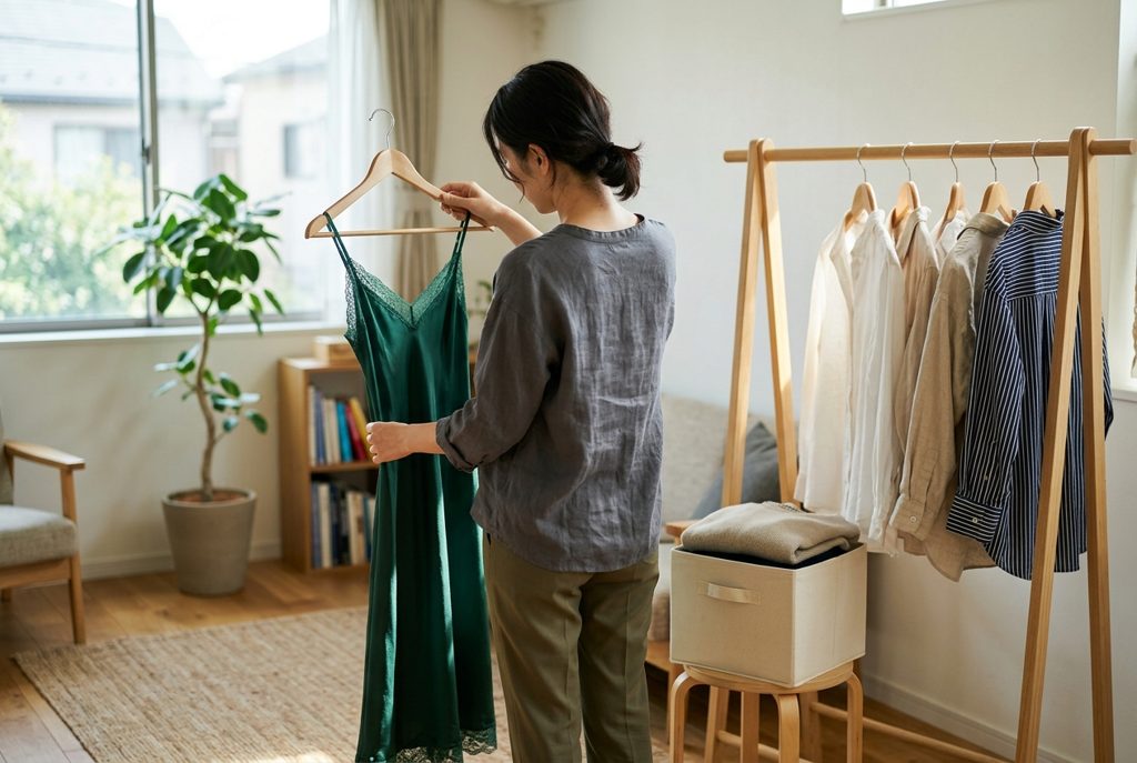 日当たりの良い部屋で、女性がエレガントなドレスを検品している。背景には普段着のブラウスも。