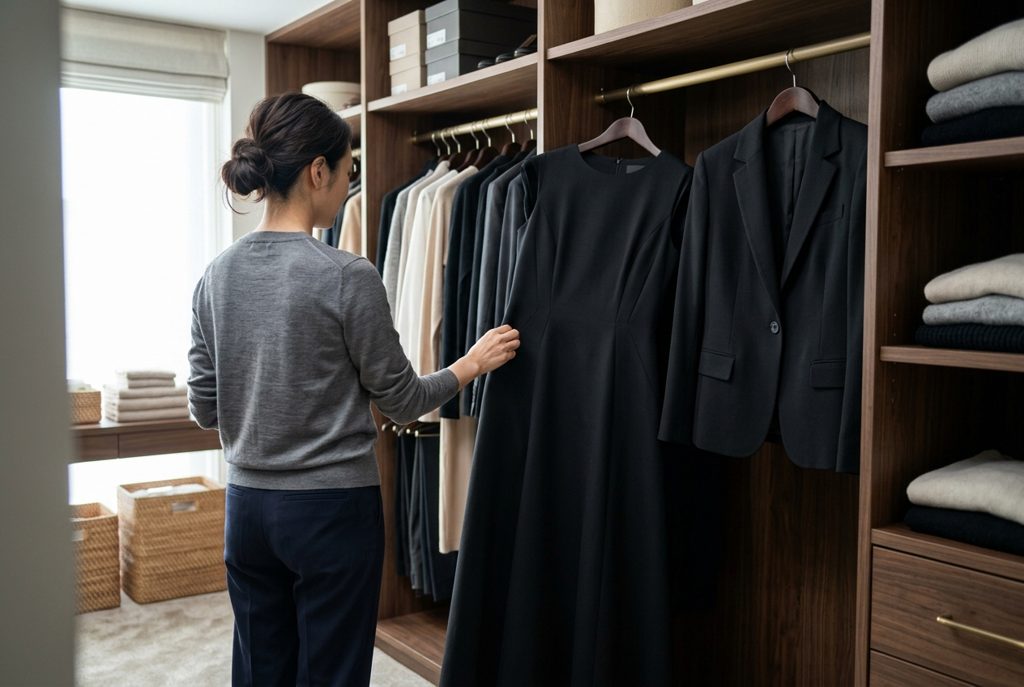 クローゼットで喪服とスーツを見比べる女性の背中