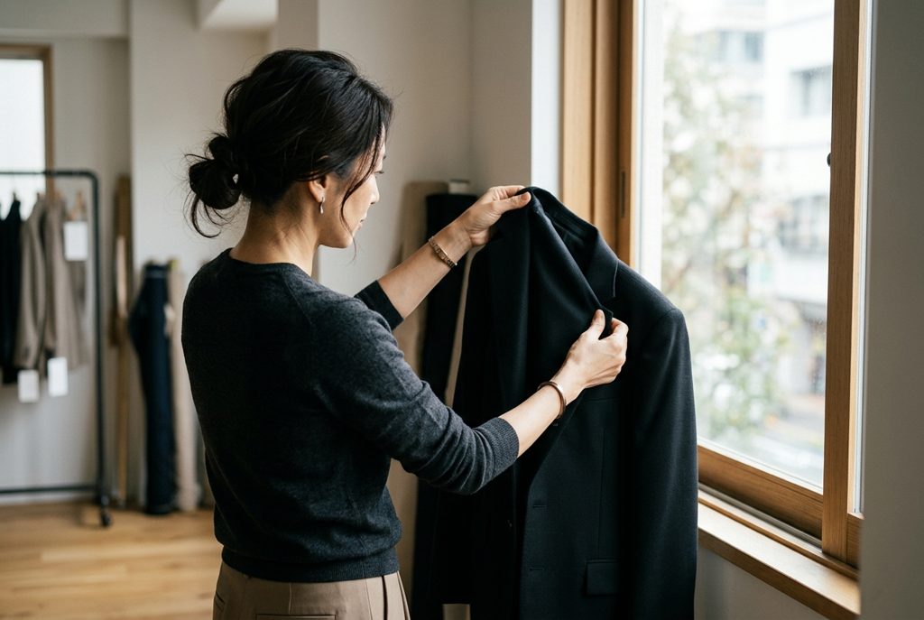窓際で黒いスーツの生地を確認する女性