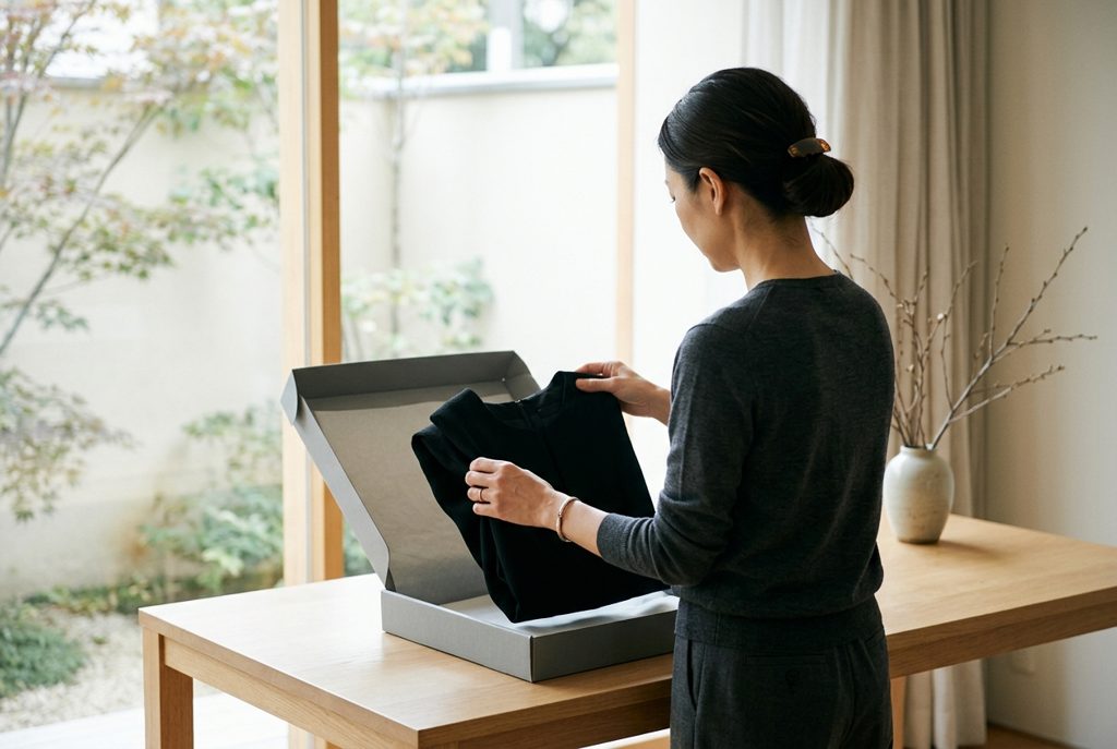女性が黒い喪服を包装から取り出している様子