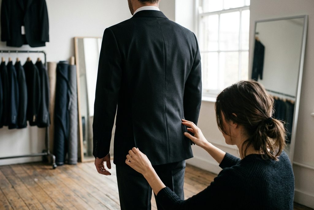礼服を試着する男性の背中と、調整する女性の手