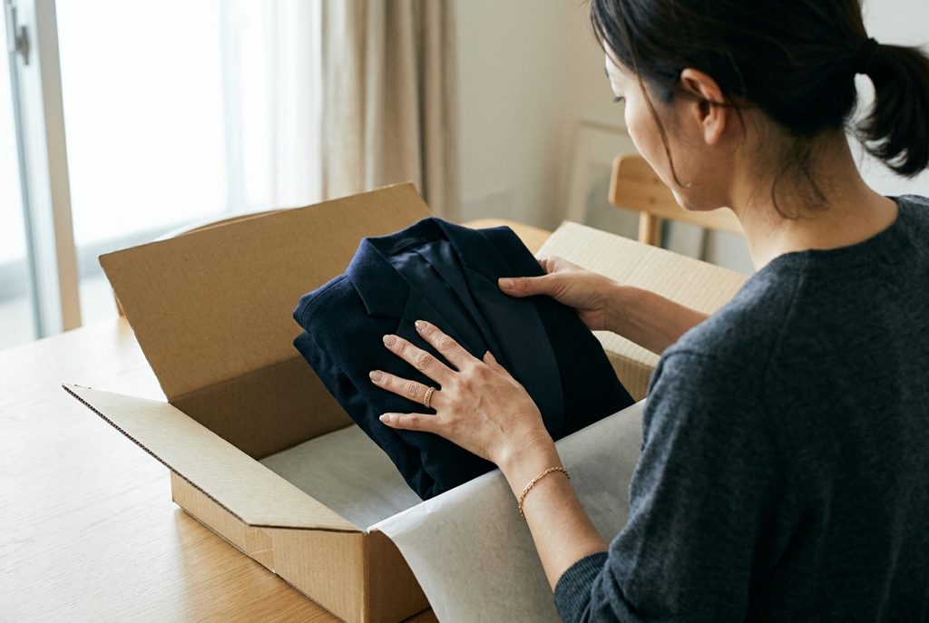 女性がダークカラーの礼服を丁寧に畳み、段ボール箱にしまっている様子