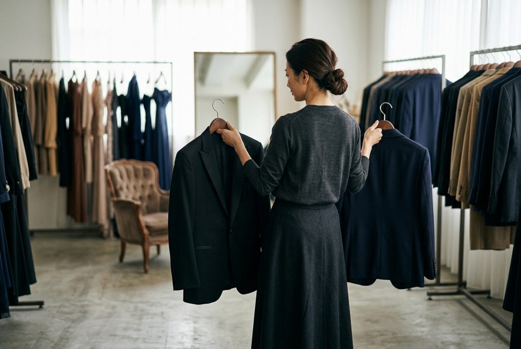 貸衣装店でスーツとタキシードを見比べる女性の後ろ姿