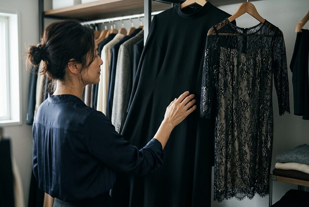 クローゼットでマットな喪服と光沢のあるドレスが並ぶ
