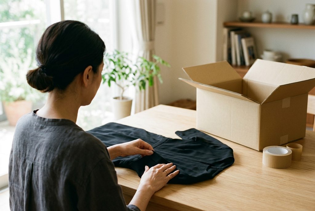 女性がフォーマルな黒い服を丁寧にたたんでいる様子。