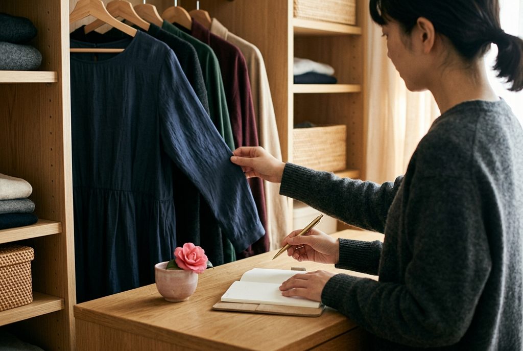 手帳とペンを持ち、クローゼットの喪服に触れる手元
