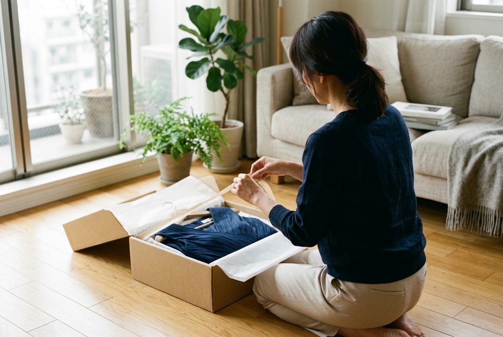 女性が自宅の床に置かれた箱を開け、ドレスを覗き込んでいる様子。