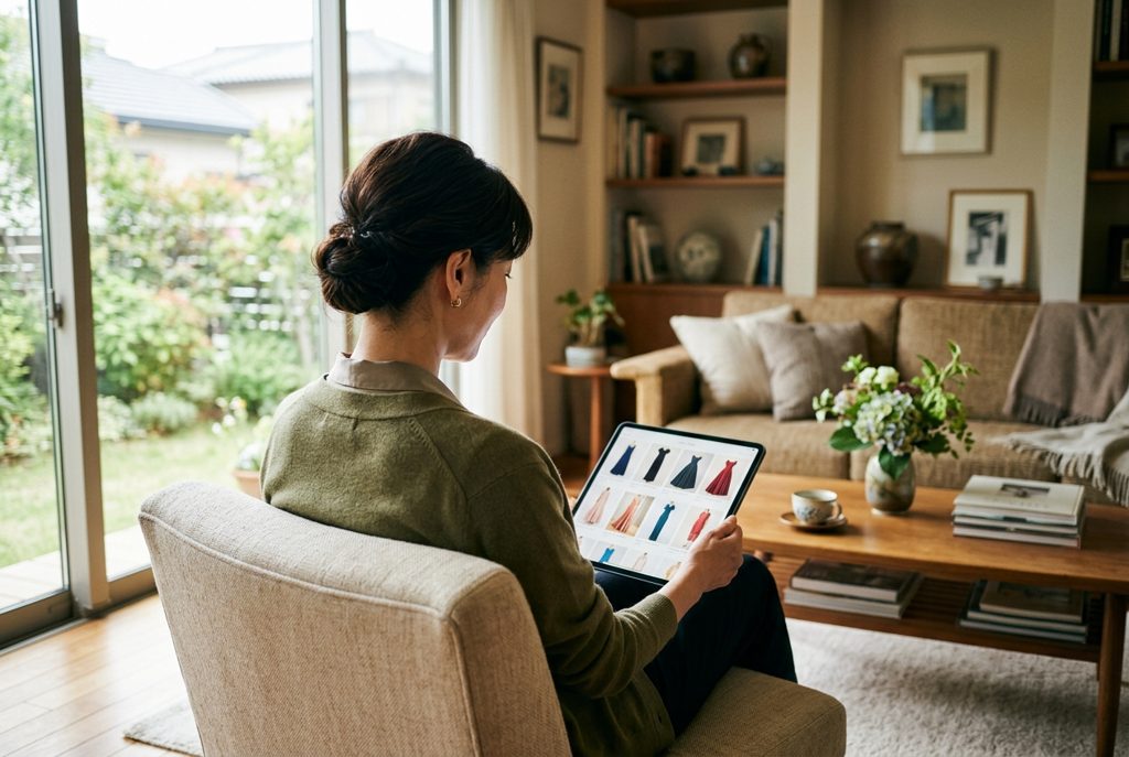 リビングでタブレットを見る女性