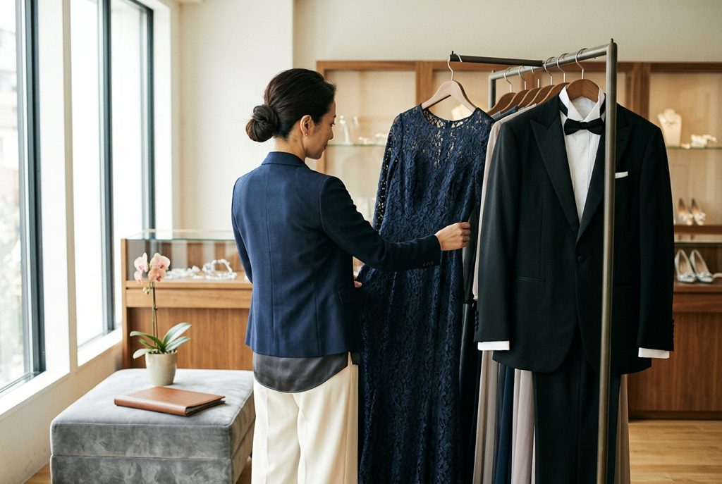 結婚式の両親用フォーマルドレスと男性用スーツが並び、女性が検討している様子。