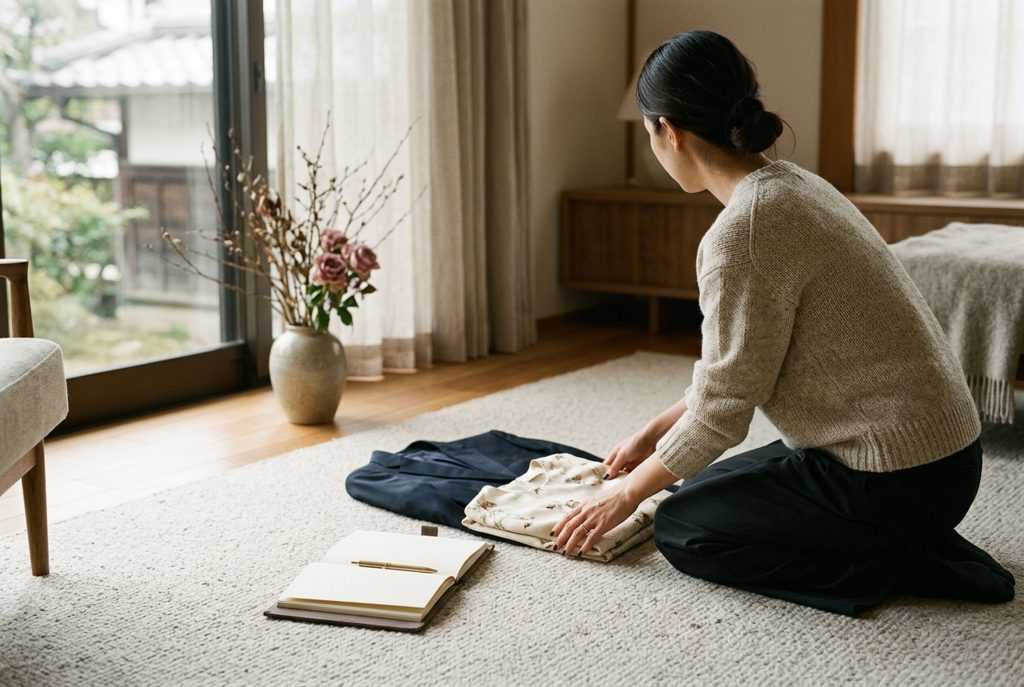 床で手帳と衣装を整理する女性