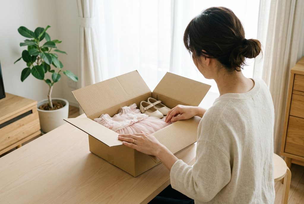 子供用フォーマルドレスを箱から出す手元