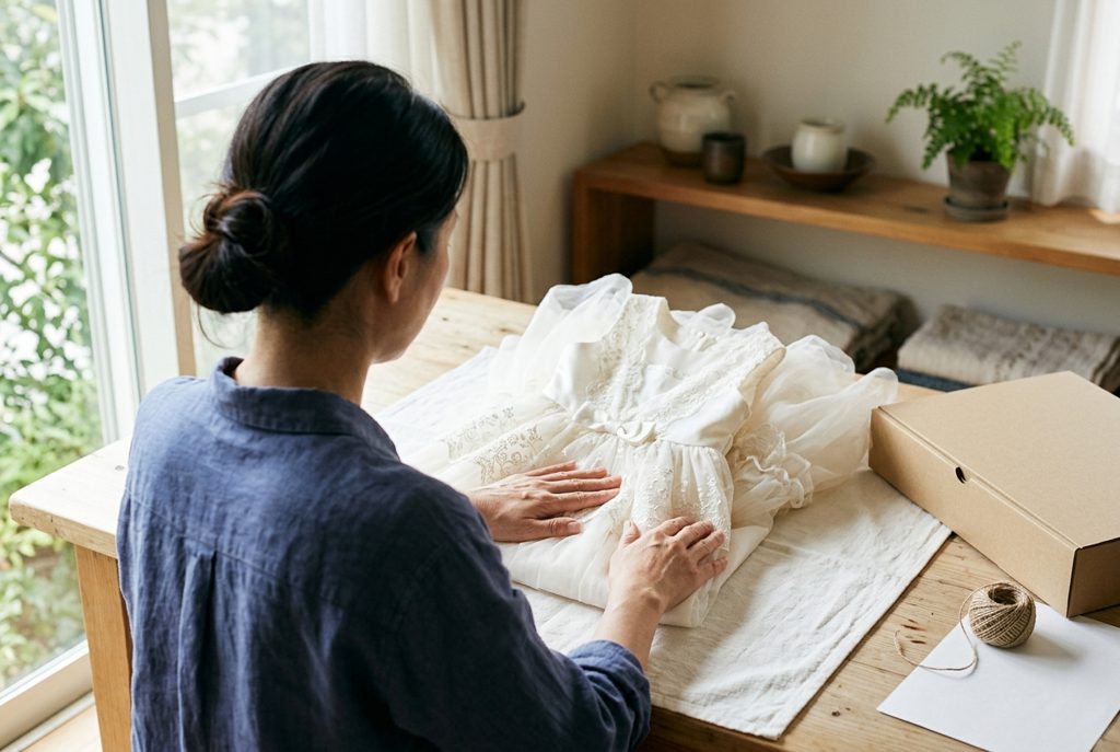 レンタルドレスを丁寧にたたむ女性の手