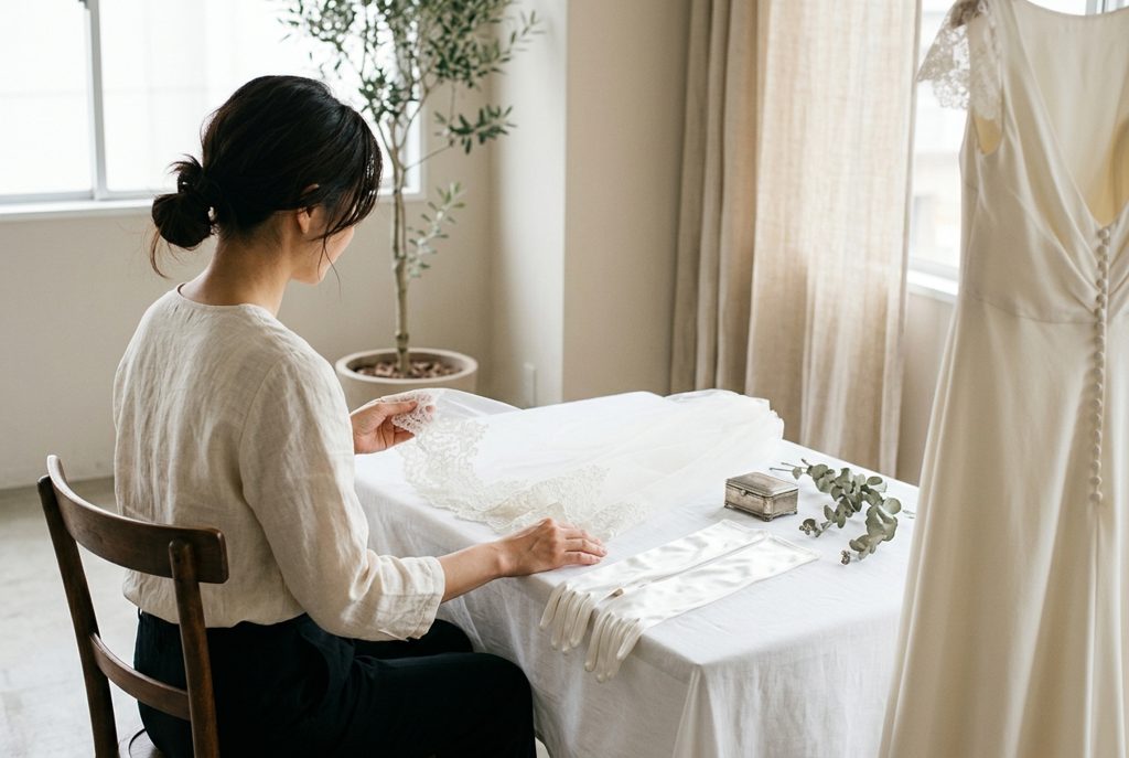 ウェディングドレスの小物を見つめる女性