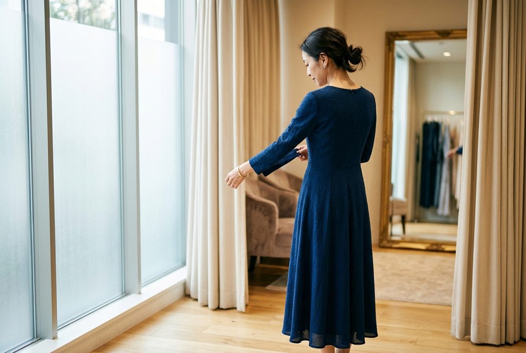 ダークブルーのマザードレスを試着する女性の後ろ姿