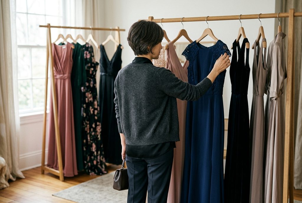 ドレスが並ぶラックの前で、服の肩部分を吟味する女性の後ろ姿。