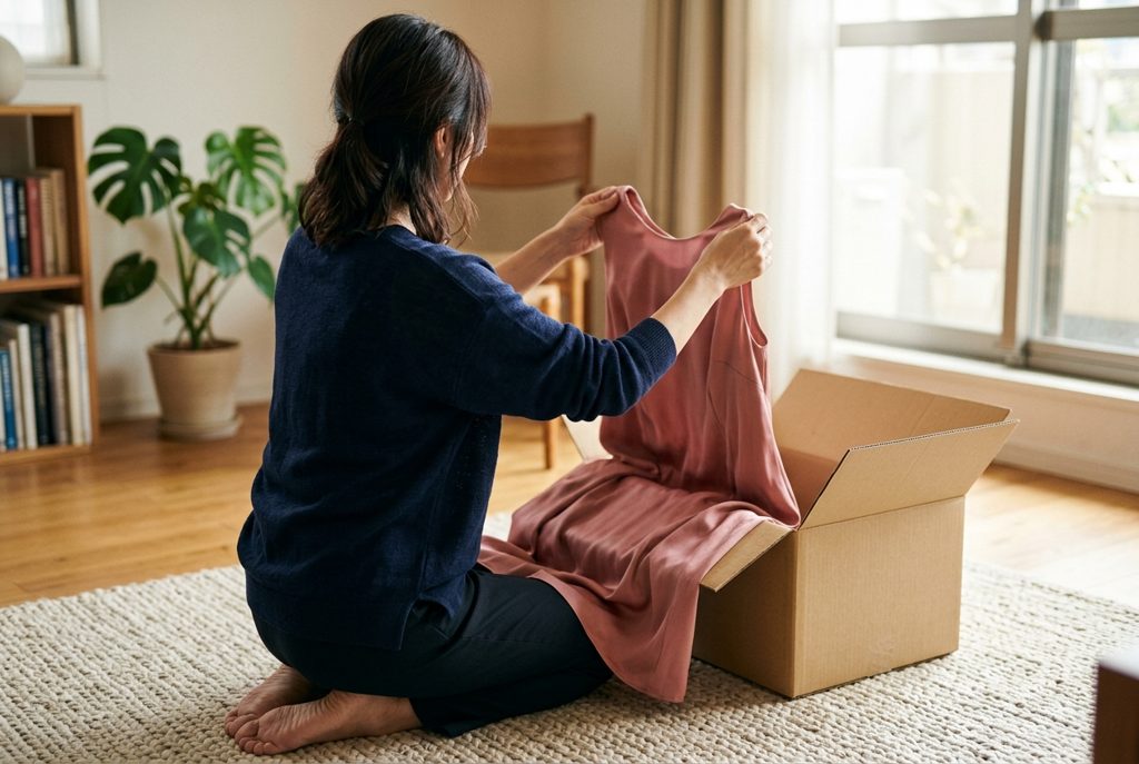 自宅で、届いたドレスを箱から取り出す女性の後ろ姿