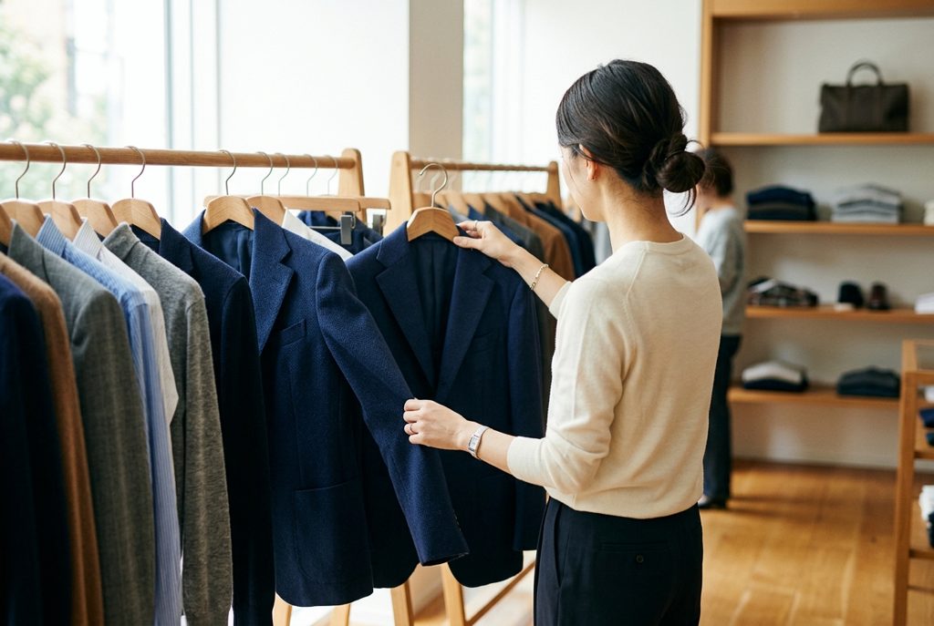 店舗でラックからスーツを選ぶ女性の後ろ姿
